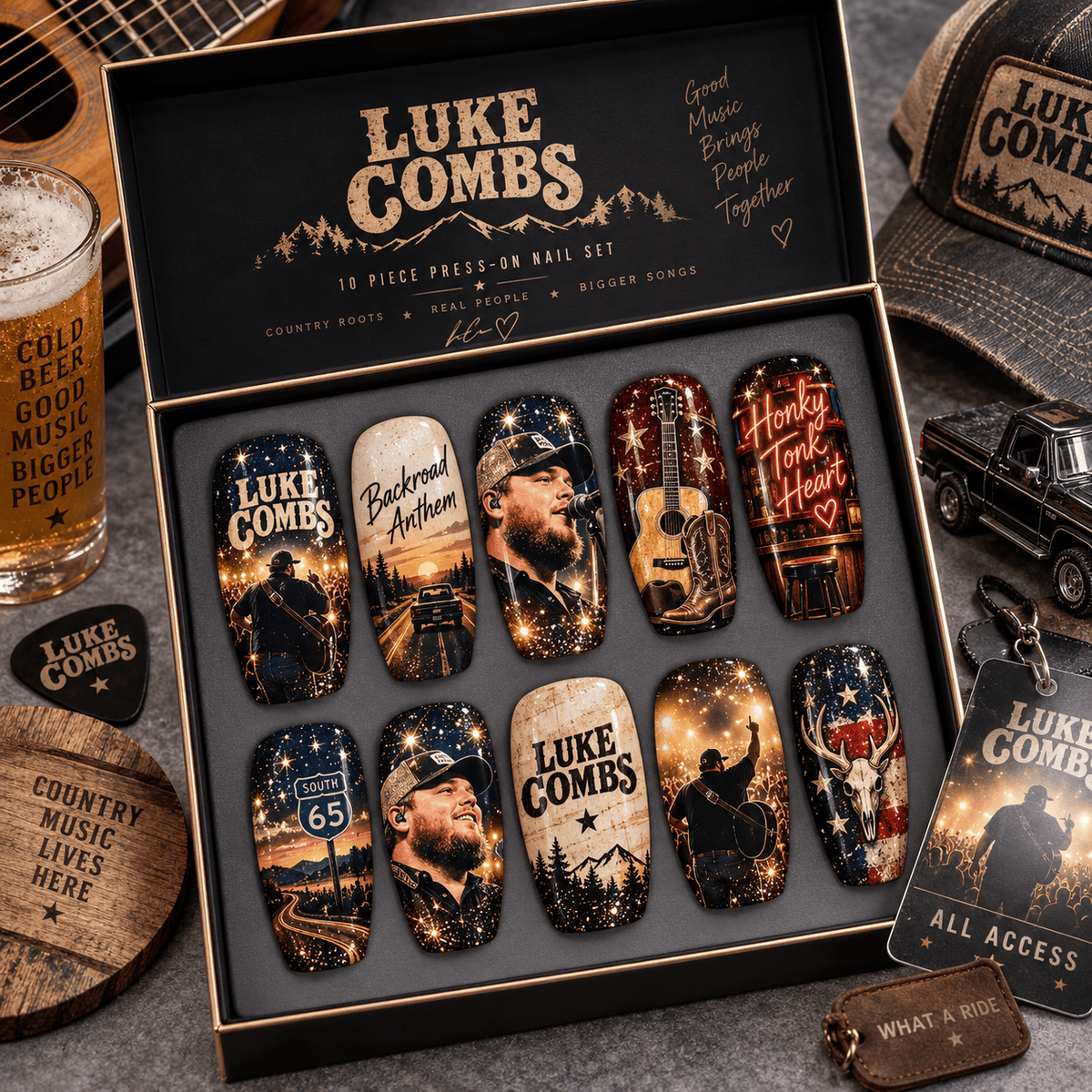 Luke Combs Country Portrait and Beer Motifs Press-On Nail Set for Country Music Fans NDN Press On Nail Product Image