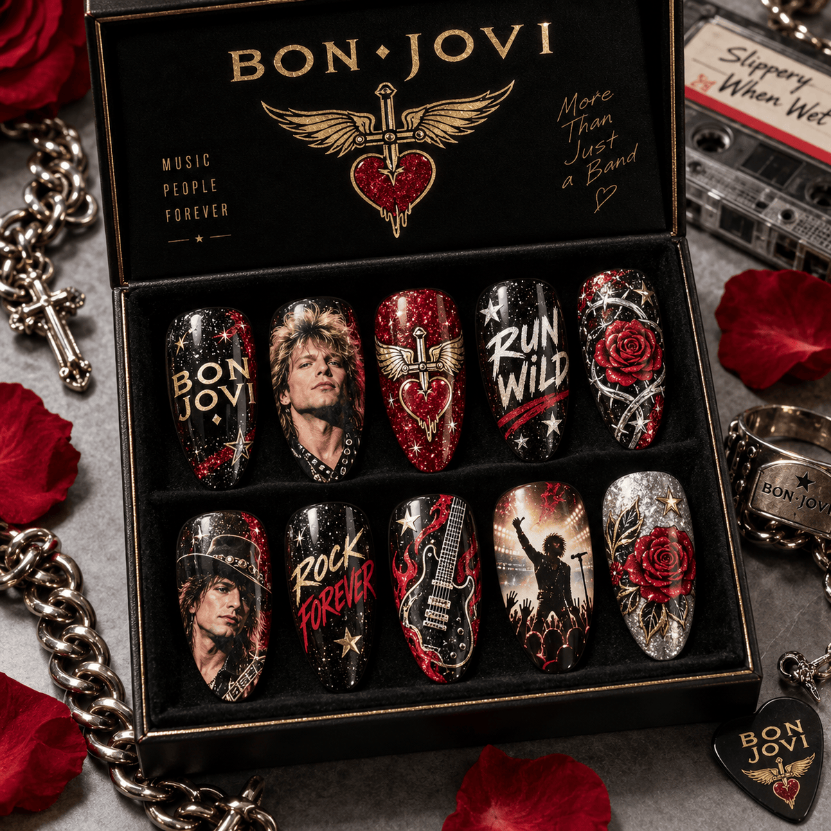 Bon Jovi Winged Heart and Rose Portrait Press-On Nail Set for Rock Fans NDN Press On Nail Product Image