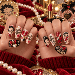 Betty Boop Red Hearts and Kisses Press-On Nail Set for Classic Cartoon Fans NDN Press On Nail Worn Image