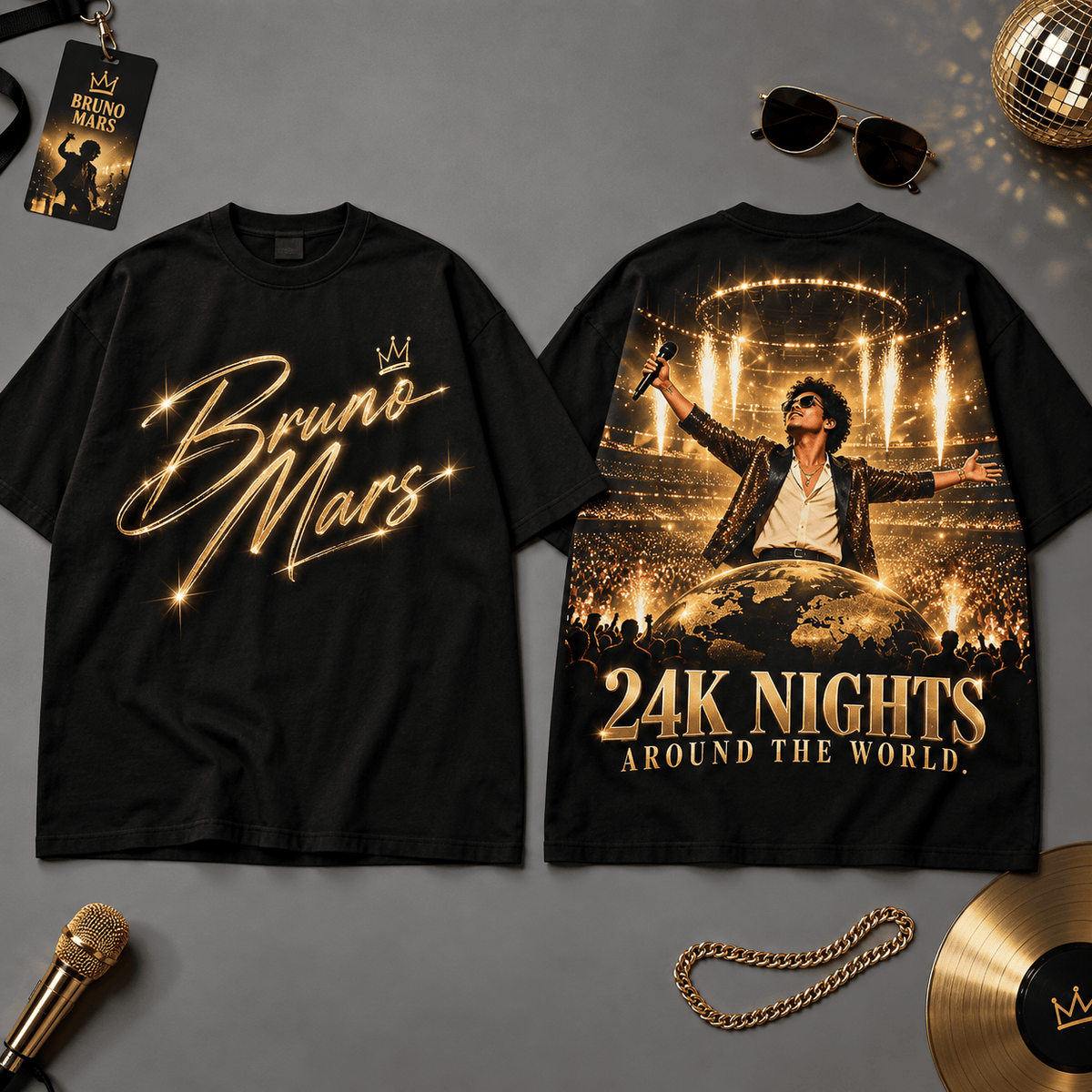 Bruno Mars 24K Nights Around the World 3D Shirt for Fans Who Live for the Stage NDN Flat Shirt Mockup