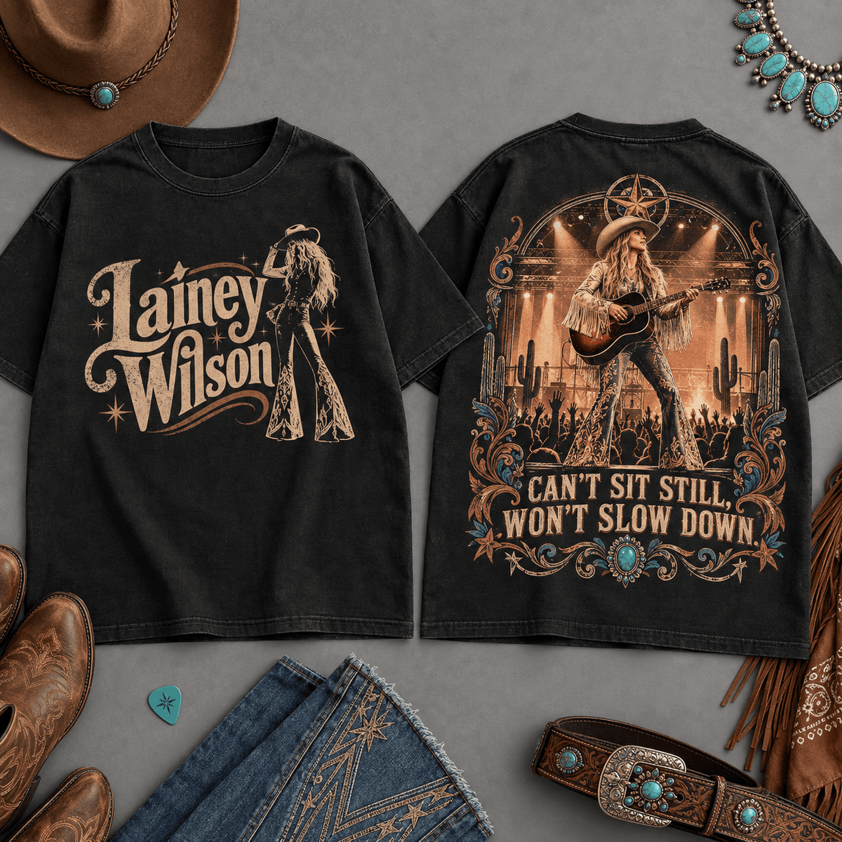 Lainey Wilson Can't Sit Still 3D Shirt for Country Fans Who Won't Slow Down NDN Flat Shirt Mockup
