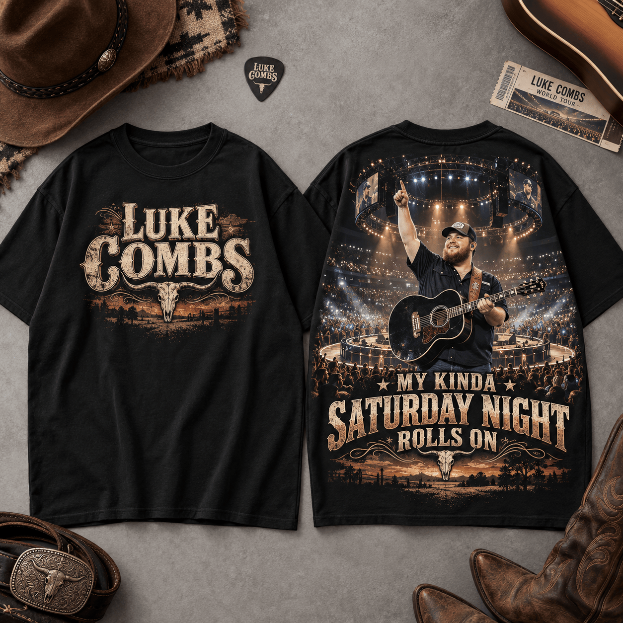 Luke Combs My Kinda Saturday Night 3D Shirt for Fans Who Roll On with the Band NDN Flat Shirt Mockup