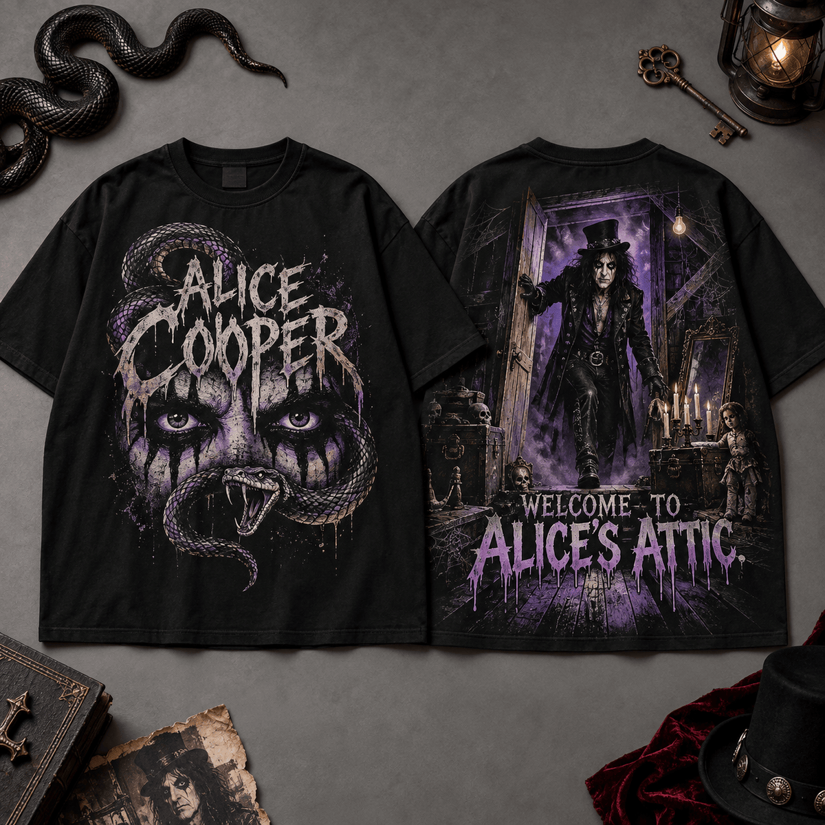 Alice Cooper Welcome to Alice's Attic 3D Shirt for Fans Who Love the Dark Stage NDN Flat Shirt Mockup