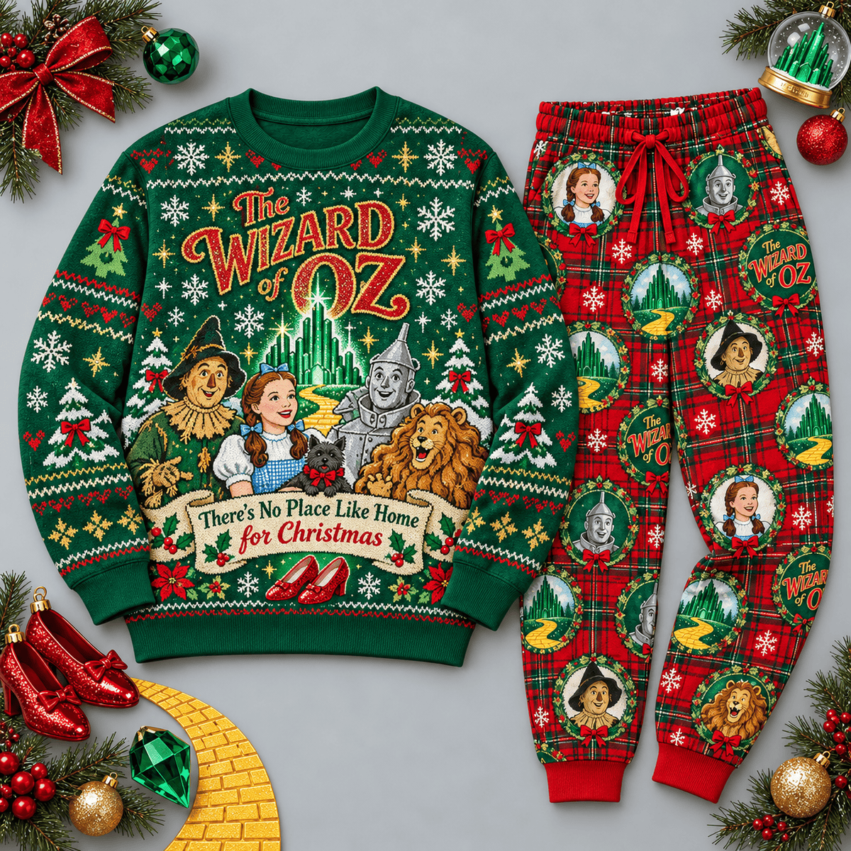 Wizard of Oz Dorothy and Friends Emerald Green Christmas Sweater and Jogger Pants Set NDN Flat Set Mockup