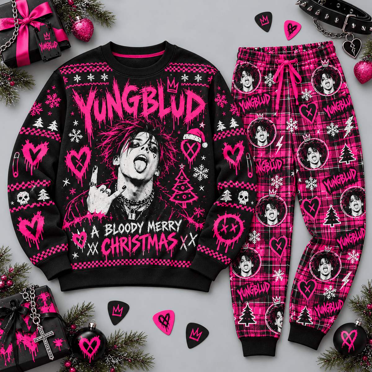 Yungblud Bloody Merry Christmas Pink Hearts Black Sweater and Jogger Pants Set NDN Flat Set Mockup