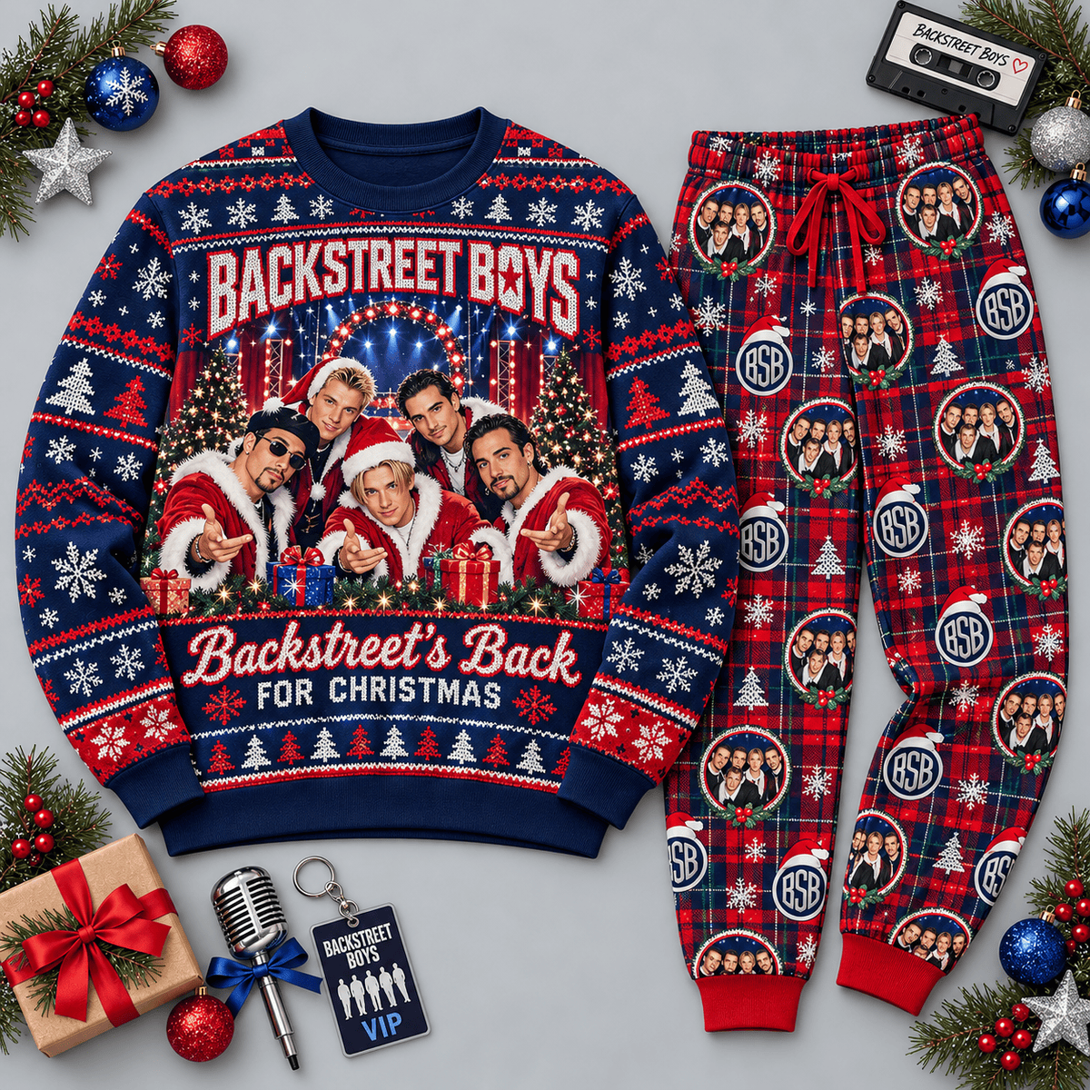Backstreet Boys Back for Christmas Portraits Navy Red Sweater and Jogger Pants Set NDN Flat Set Mockup