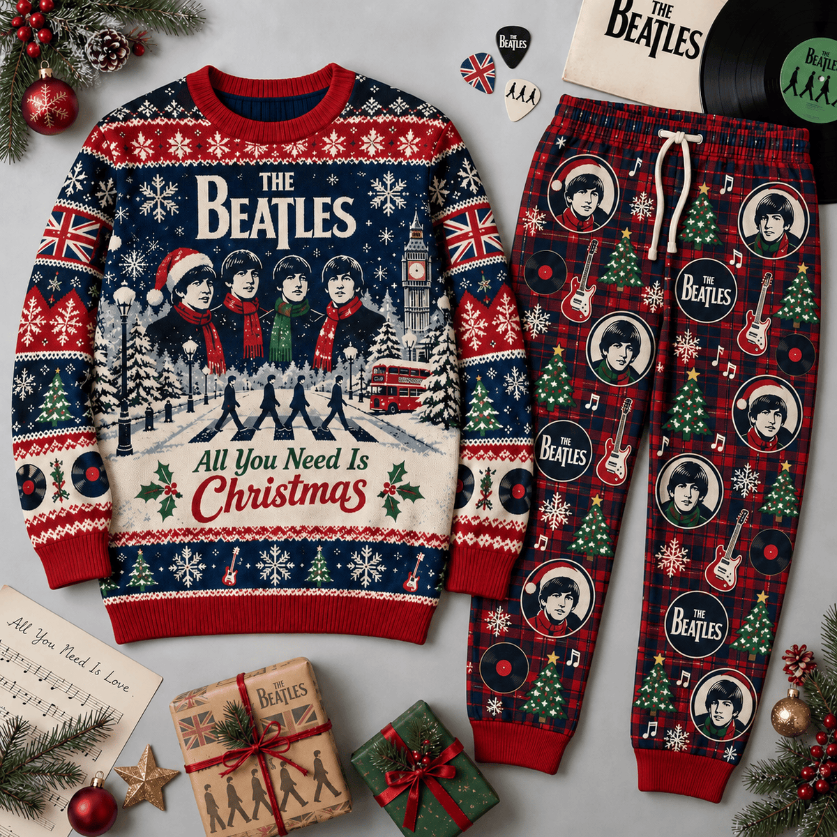 The Beatles All You Need Is Christmas Red Navy Festive Graphic Sweater and Jogger Pants Set NDN Flat Set Mockup