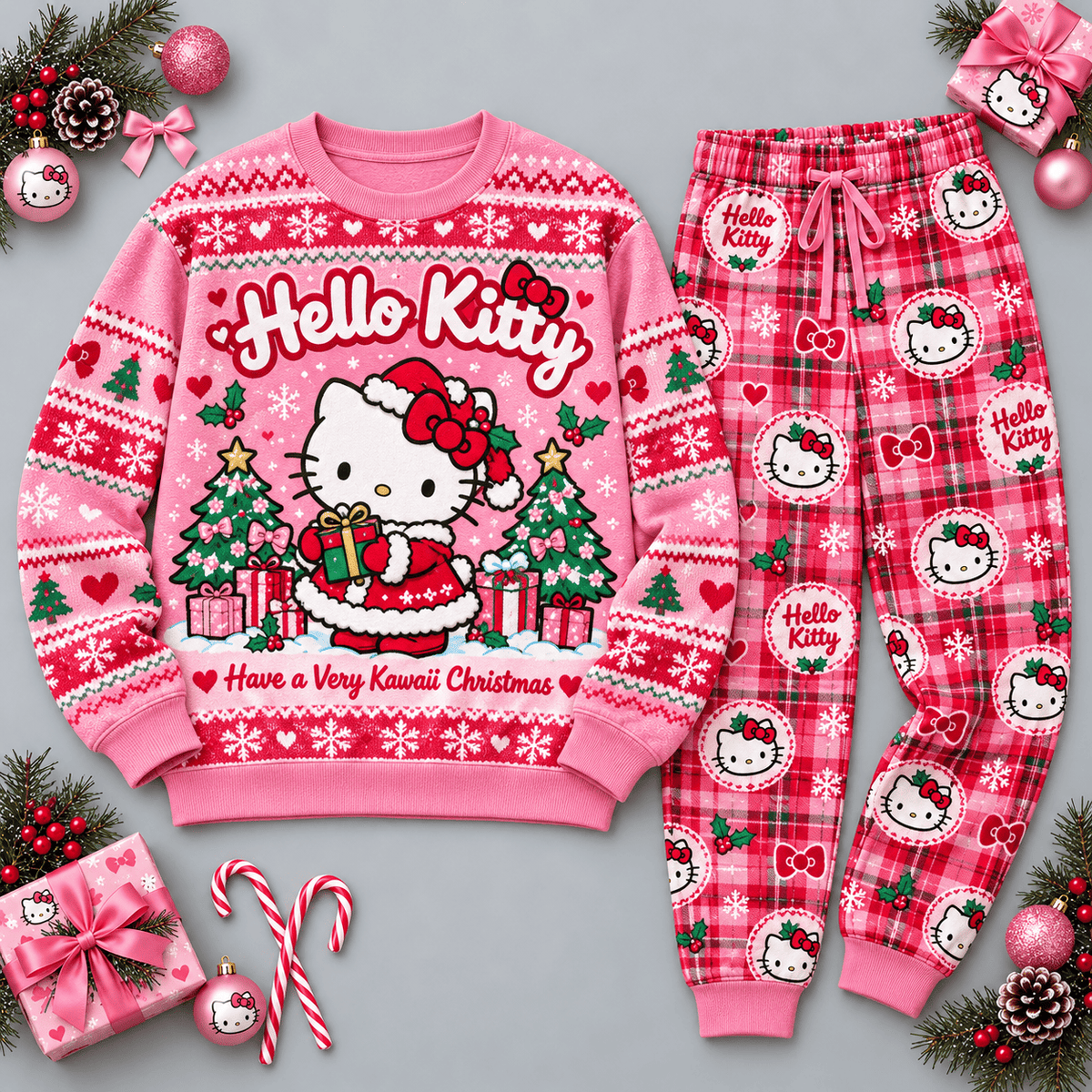Hello Kitty Holly Jolly Christmas Pink Character Sweater and Jogger Pants Set NDN Flat Set Mockup
