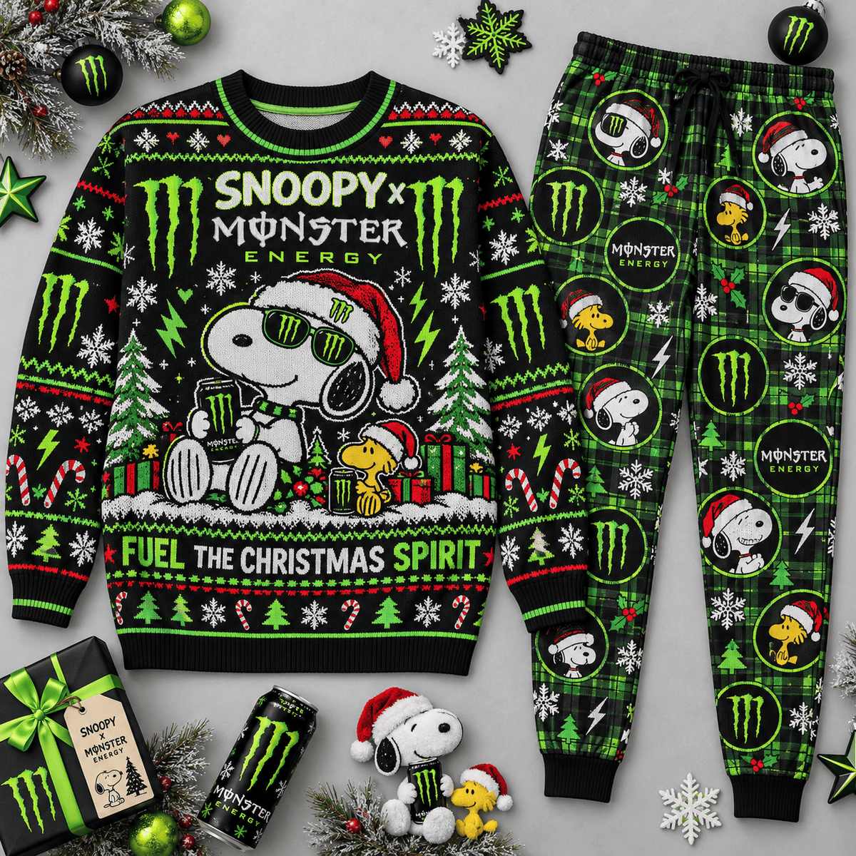 Snoopy Monster Energy Christmas Spirit Black Green Sweater and Jogger Pants Set NDN Flat Set Mockup