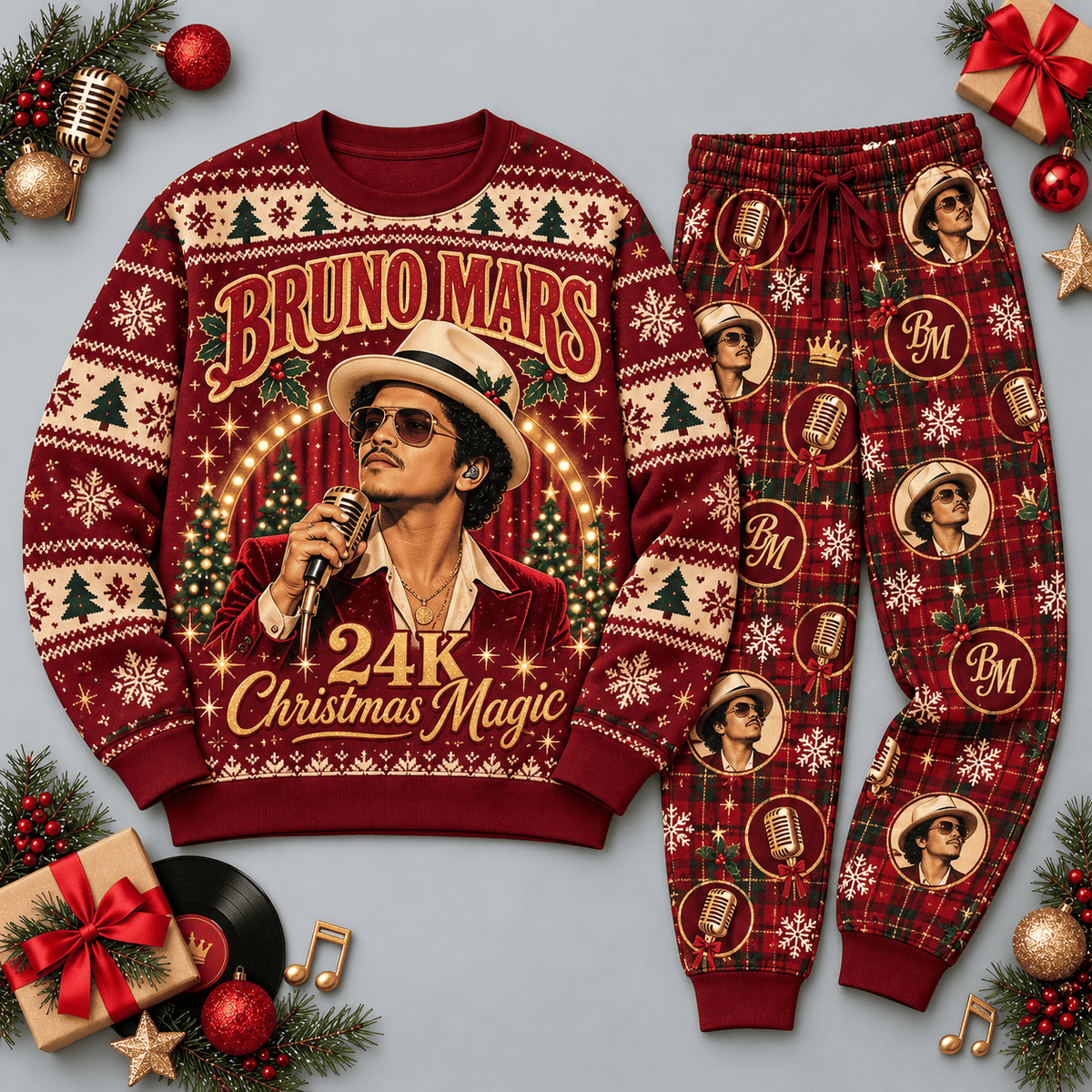 Bruno Mars 24K Christmas Magic Burgundy Gold Festive Graphic Sweater and Jogger Pants Set NDN Flat Set Mockup