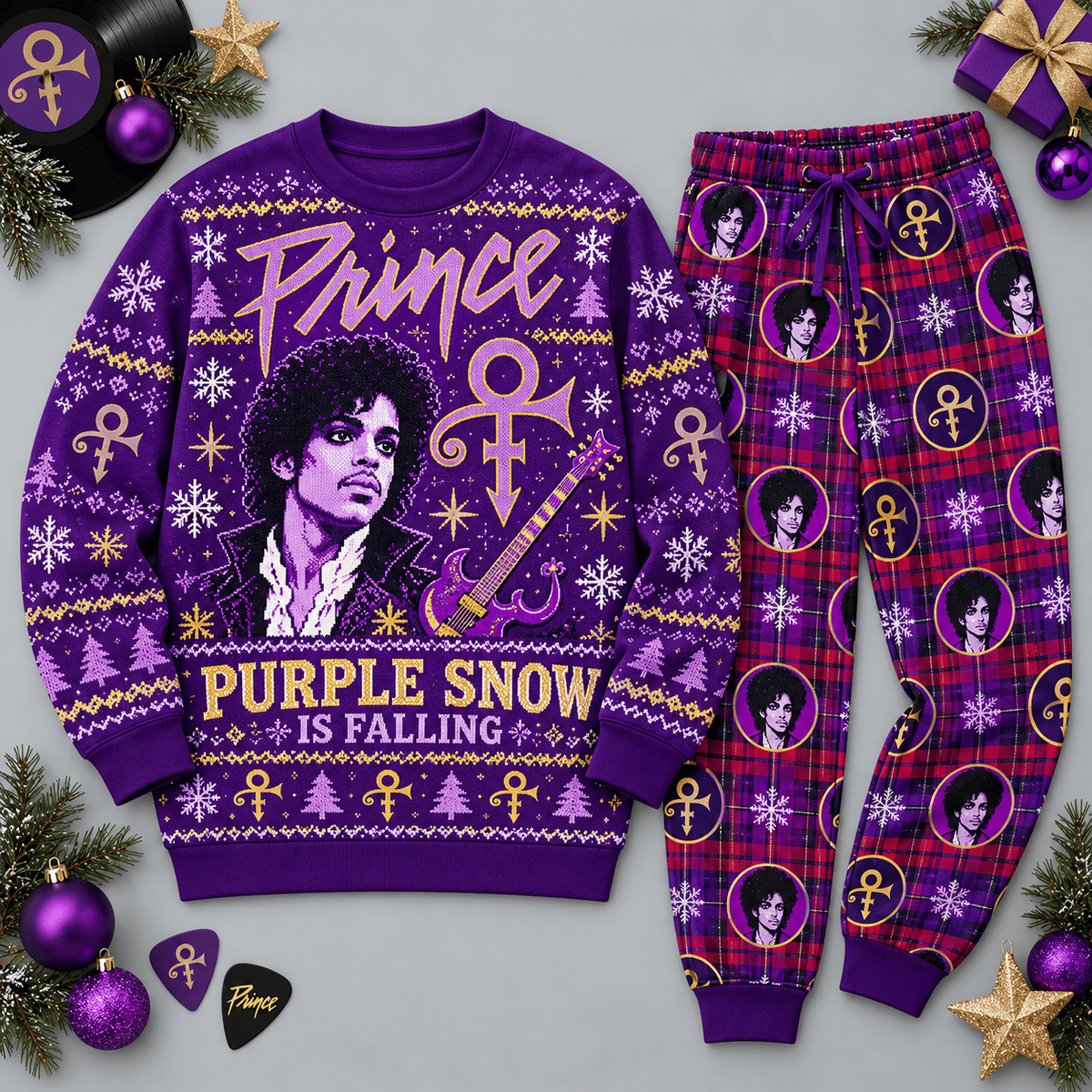 Prince Purple Snow Is Falling Portrait Festive Graphic Sweater and Jogger Pants Set NDN Flat Set Mockup