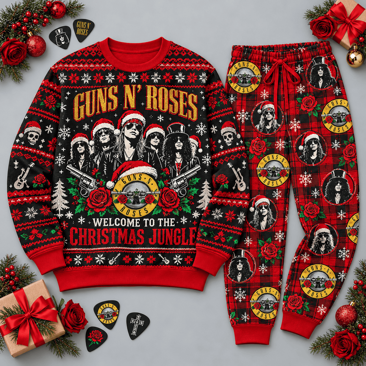 Guns N' Roses Christmas Jungle Skulls Red Black Sweater and Jogger Pants Set NDN Flat Set Mockup