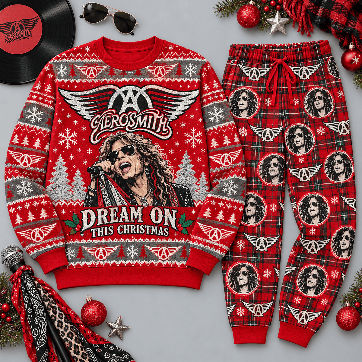 Aerosmith Dream On Christmas Red Rock Festive Graphic Sweater and Jogger Pants Set NDN Flat Set Mockup