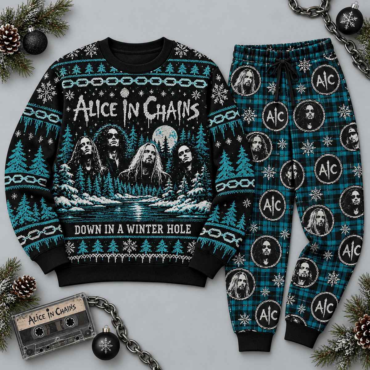 Alice in Chains Winter Hole Teal Black Festive Graphic Sweater and Jogger Pants Set NDN Flat Set Mockup
