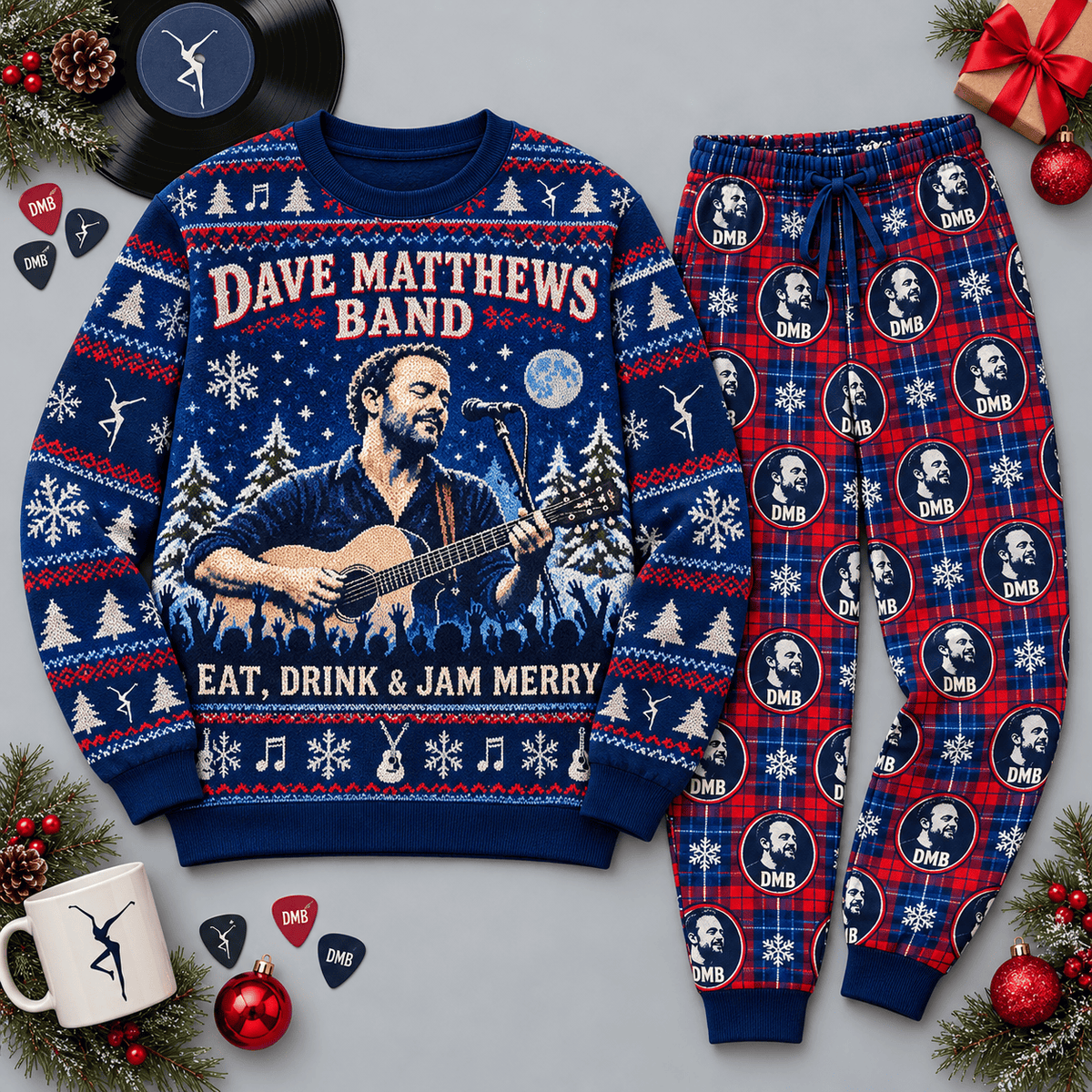 Dave Matthews Band Jam Merrily Blue Red Festive Graphic Sweater and Jogger Pants Set NDN Flat Set Mockup