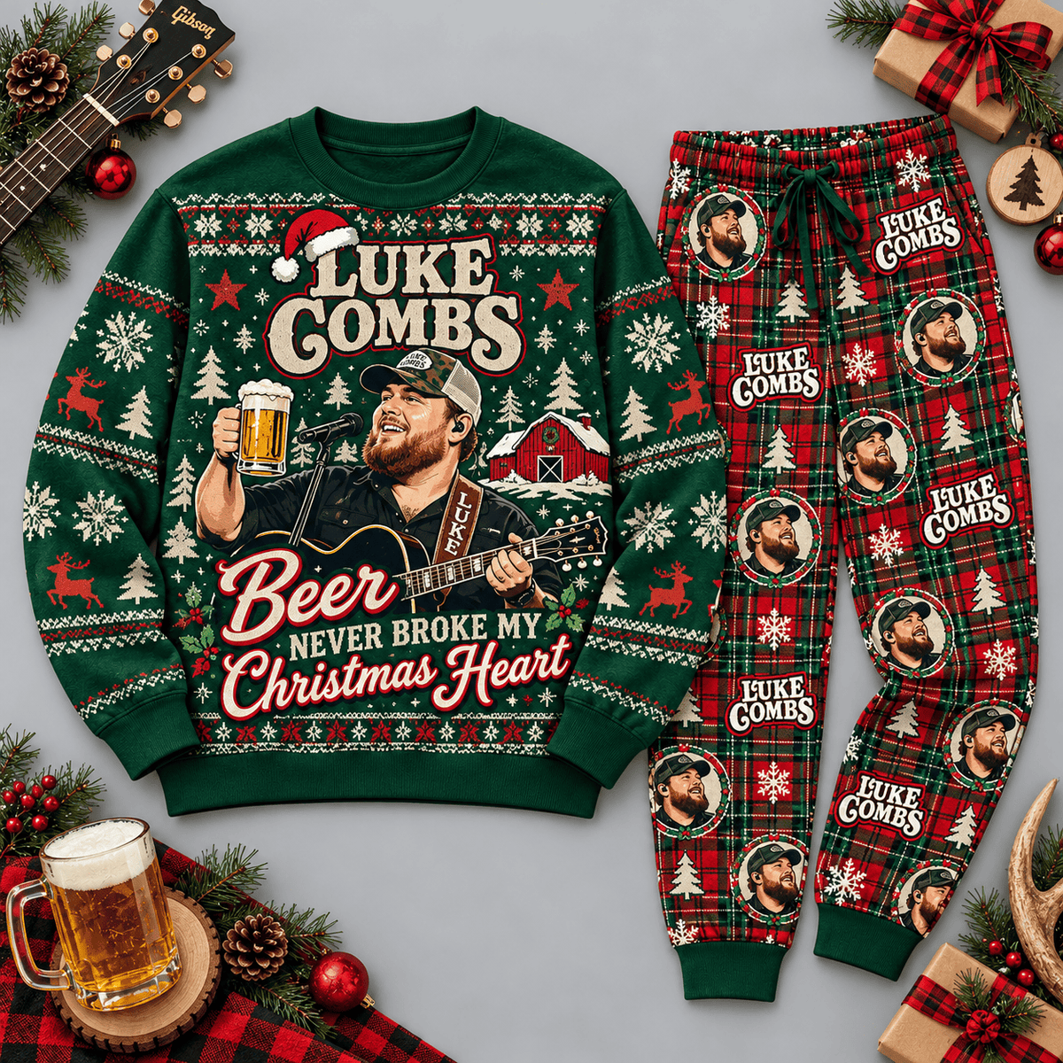 Luke Combs Beer Christmas Heart Green Red Festive Graphic Sweater and Jogger Pants Set NDN Flat Set Mockup
