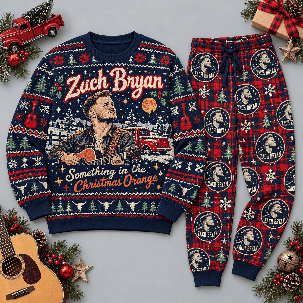 Zach Bryan Christmas Orange Navy Country Festive Graphic Sweater and Jogger Pants Set NDN Flat Set Mockup