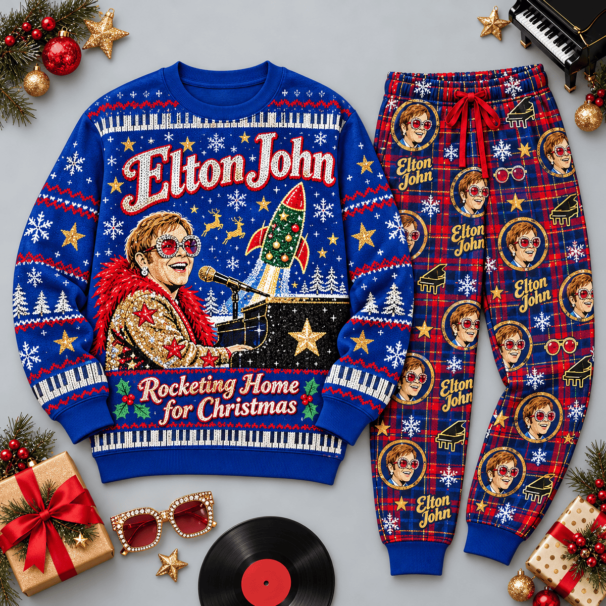 Elton John Rocketing Home for Christmas Blue Festive Graphic Sweater and Jogger Pants Set NDN Flat Set Mockup