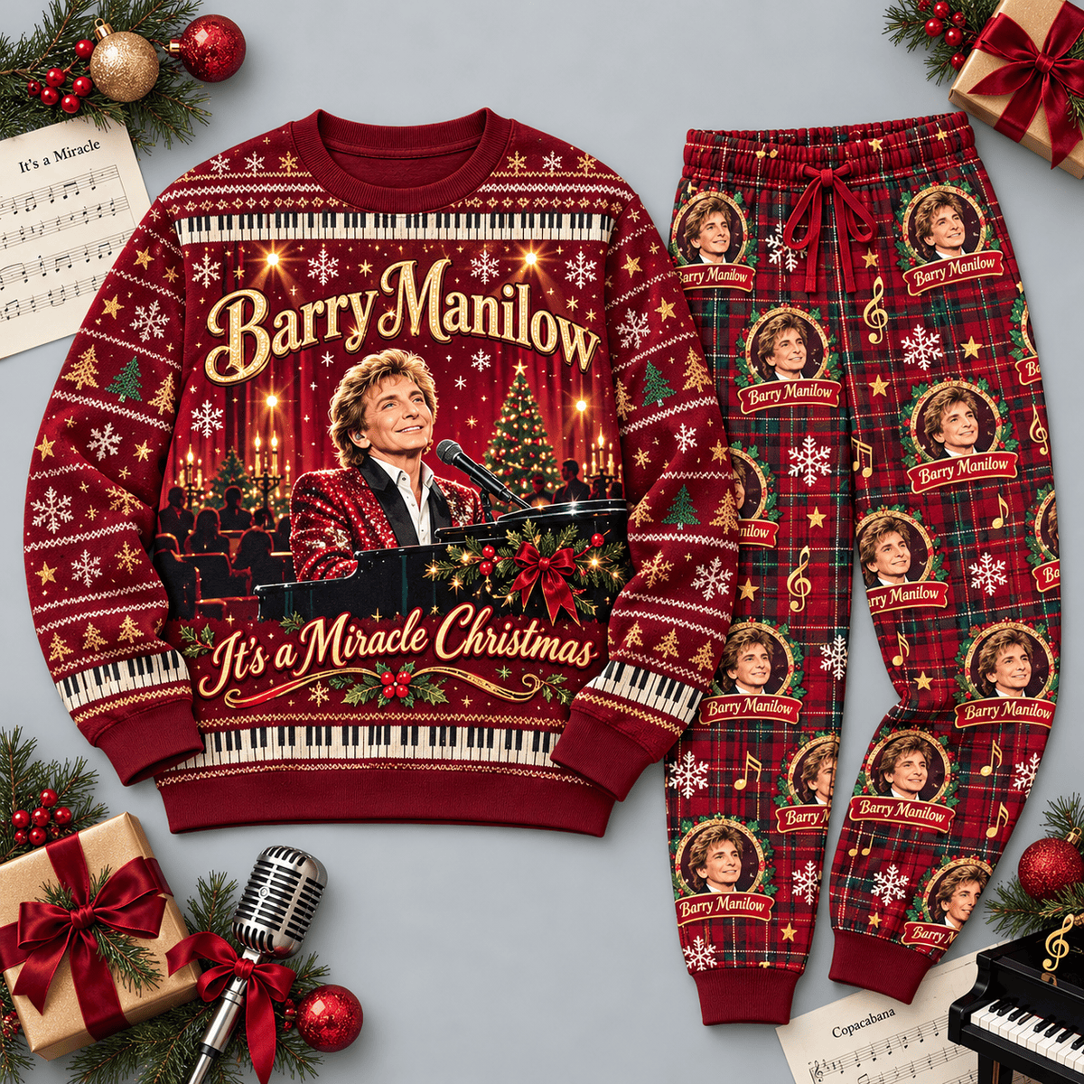 Barry Manilow Christmas Portrait Burgundy Red Festive Graphic Sweater and Jogger Pants Set NDN Flat Set Mockup