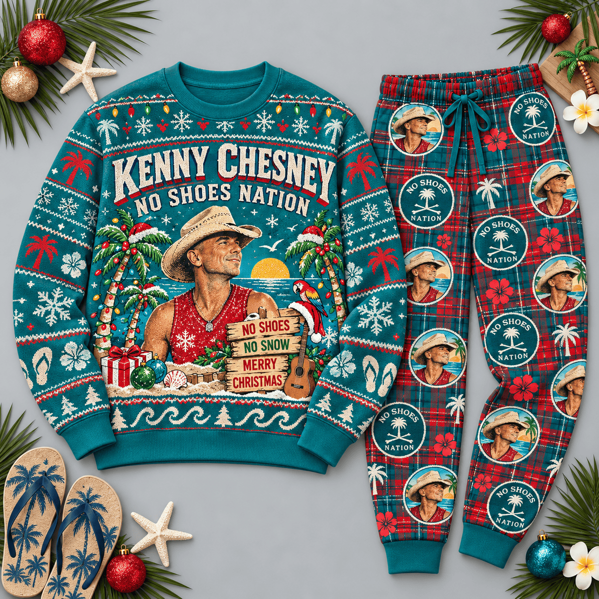 Kenny Chesney No Shoes Nation Teal Christmas Festive Graphic Sweater and Jogger Pants Set NDN Flat Set Mockup