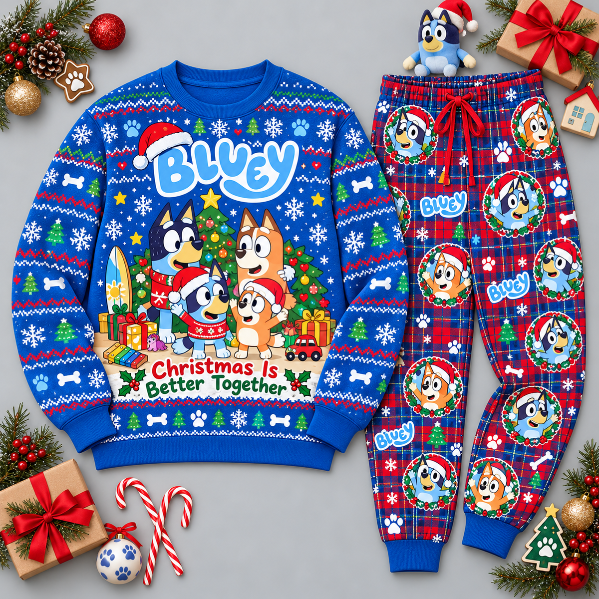 Bluey Family Christmas Together Royal Blue Festive Graphic Sweater and Jogger Pants Set NDN Flat Set Mockup