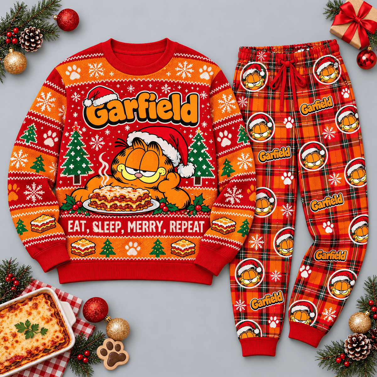 Garfield Merry Repeat Red Plaid Christmas Festive Graphic Sweater and Jogger Pants Set NDN Flat Set Mockup