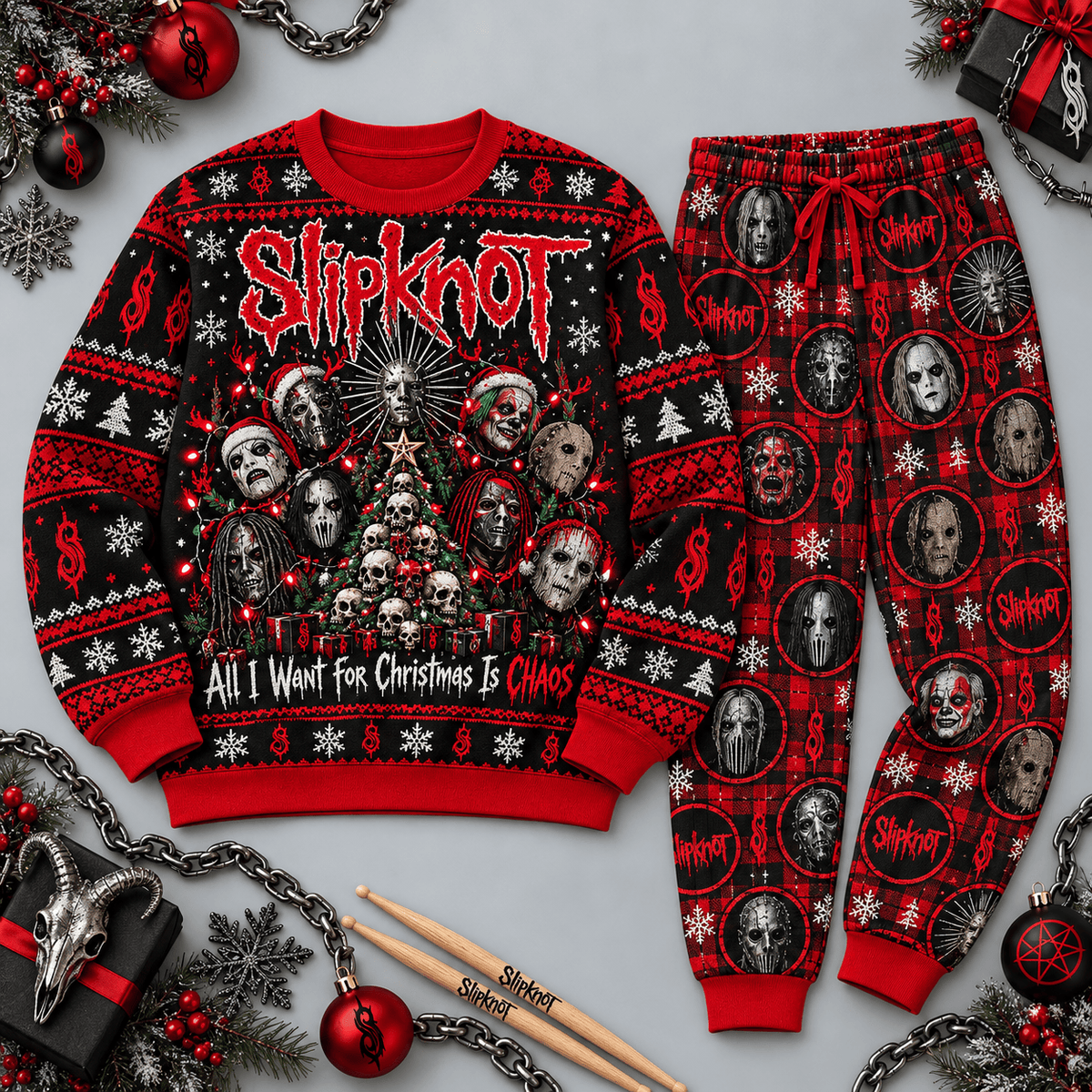 Slipknot All Hope Is Gone Red Black Festive Graphic Sweater and Jogger Pants Set NDN Flat Set Mockup