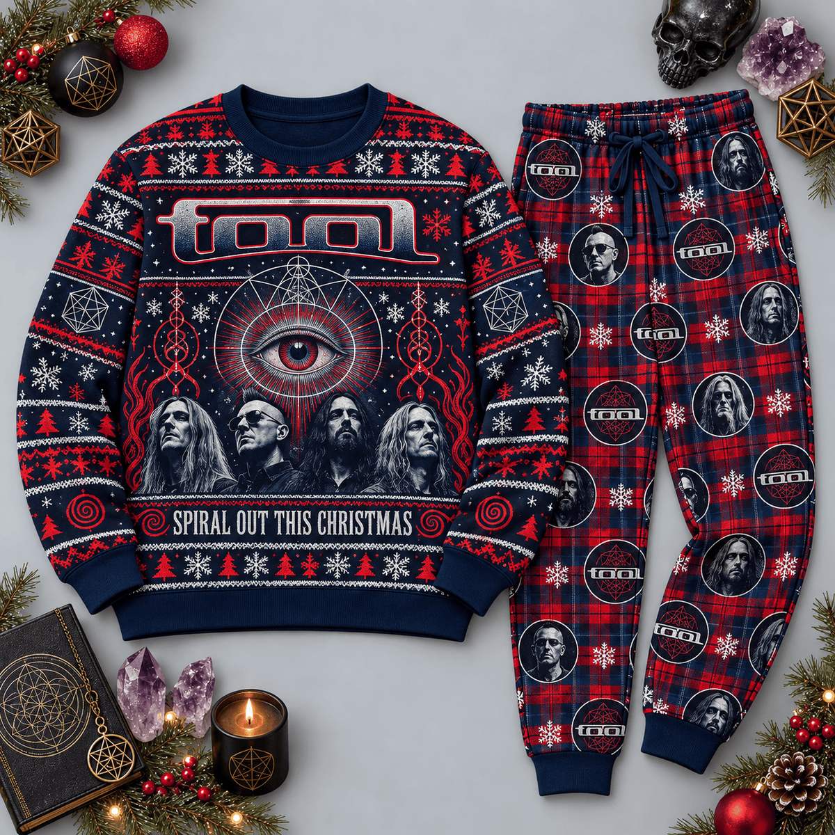 Tool Spiral Out This Christmas Navy Red Festive Graphic Sweater and Jogger Pants Set NDN Flat Set Mockup