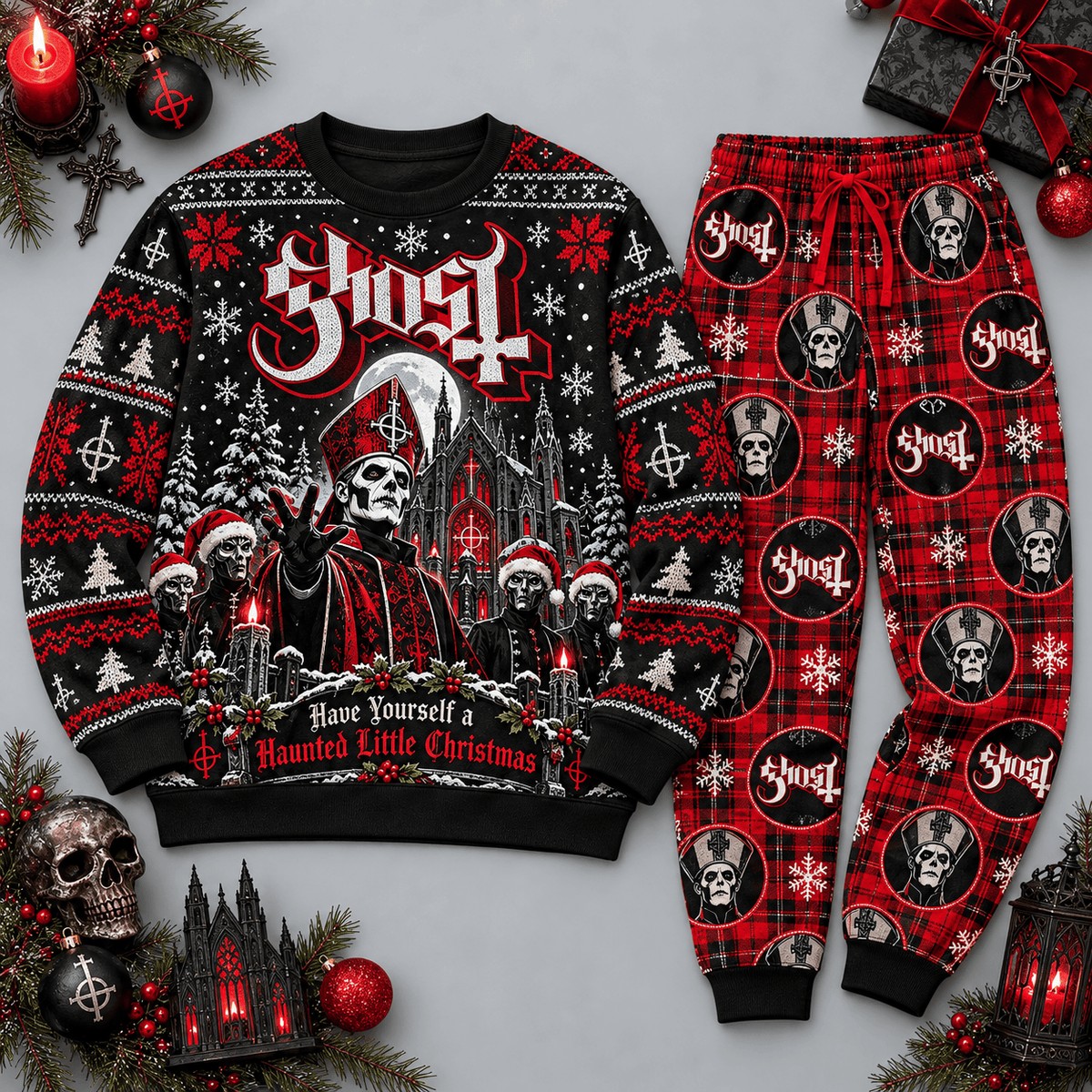 Ghost Clergy Skull Christmas Red Black Festive Graphic Sweater and Jogger Pants Set NDN Flat Set Mockup