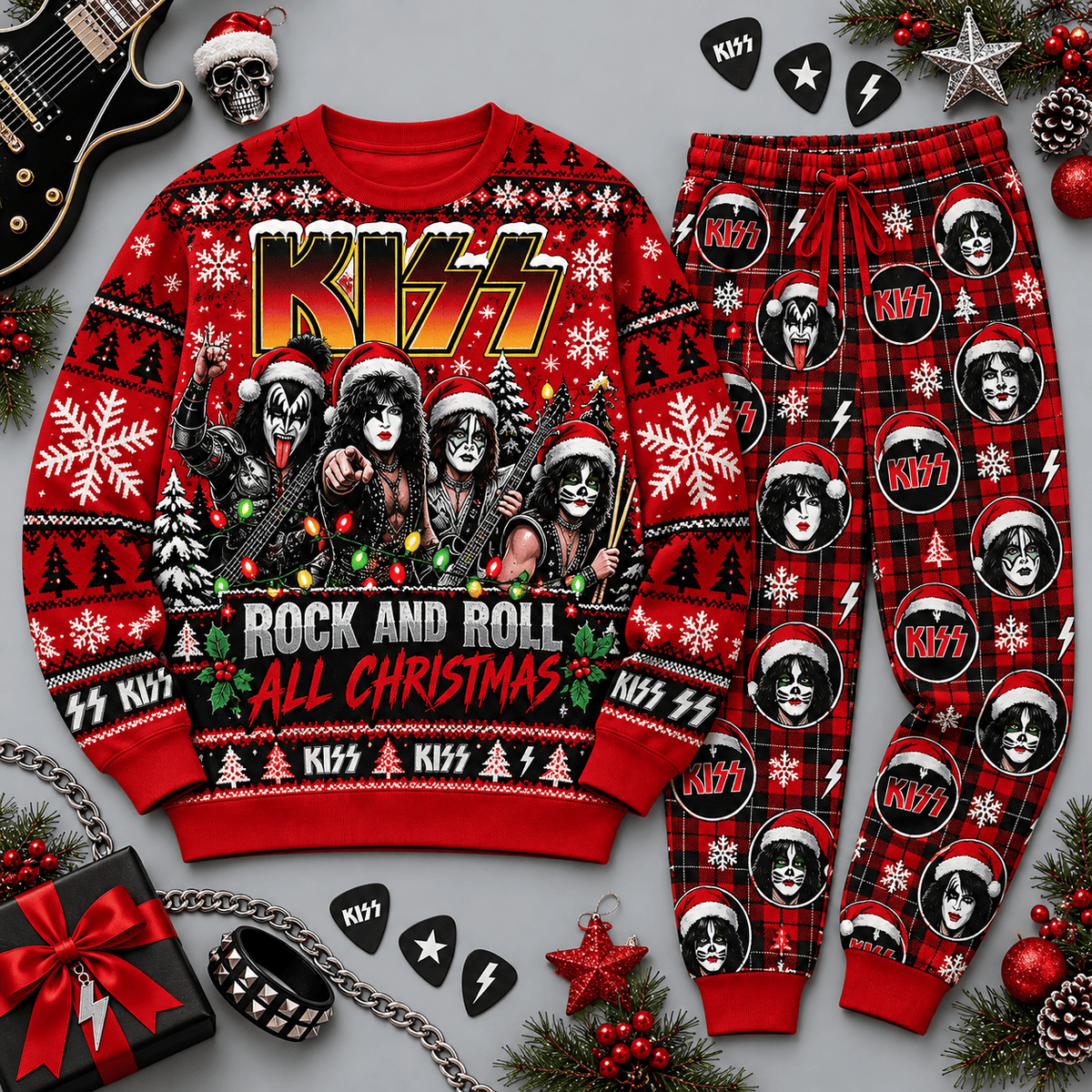 KISS Rock and Roll Christmas Red Black Festive Graphic Sweater and Jogger Pants Set NDN Flat Set Mockup