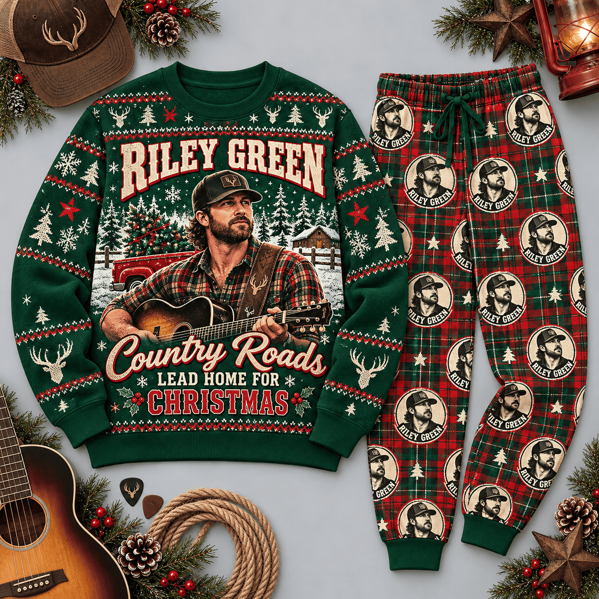 Riley Green Country Roads Christmas Green Festive Graphic Sweater and Jogger Pants Set NDN Flat Set Mockup