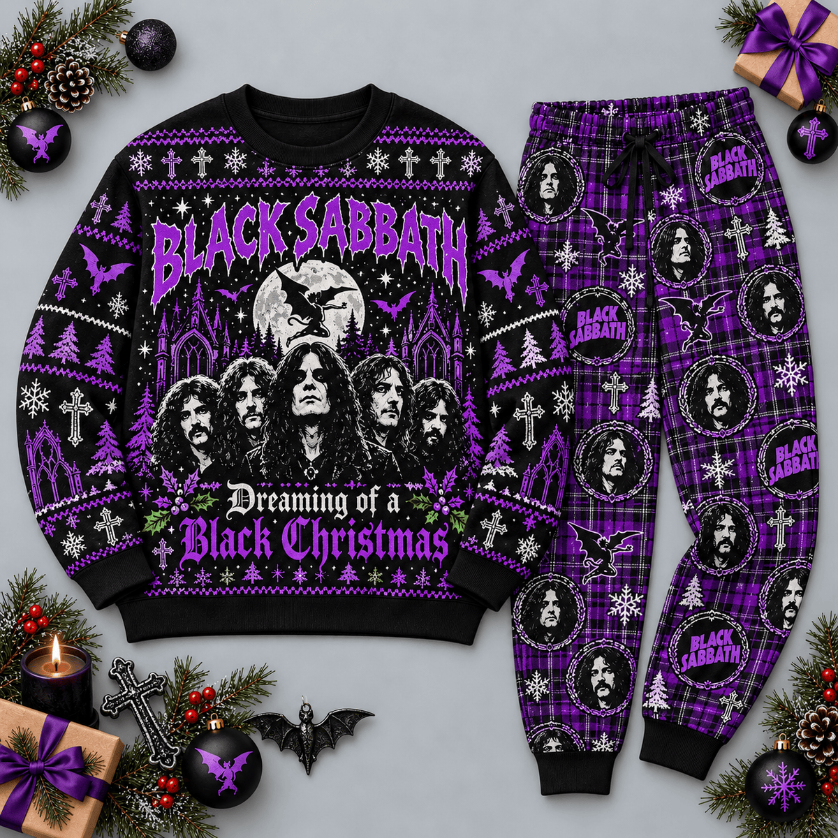 Black Sabbath Black Christmas Purple Portrait Festive Graphic Sweater and Jogger Pants Set NDN Flat Set Mockup
