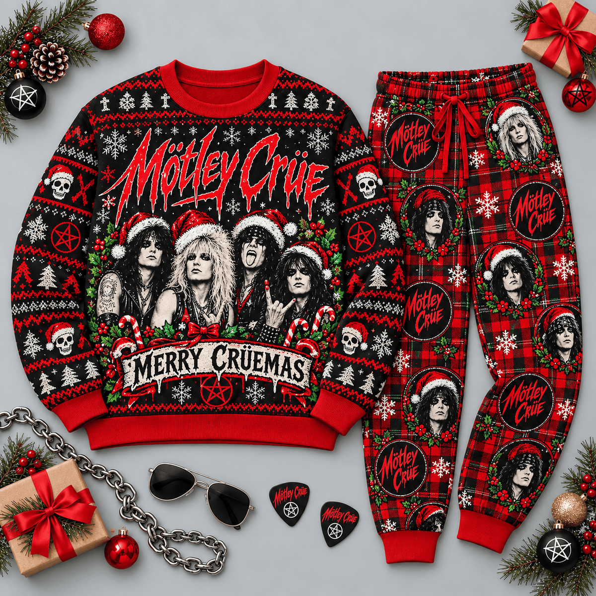 Motley Crue Merry Cruemas Red Black Band Festive Graphic Sweater and Jogger Pants Set NDN Flat Set Mockup