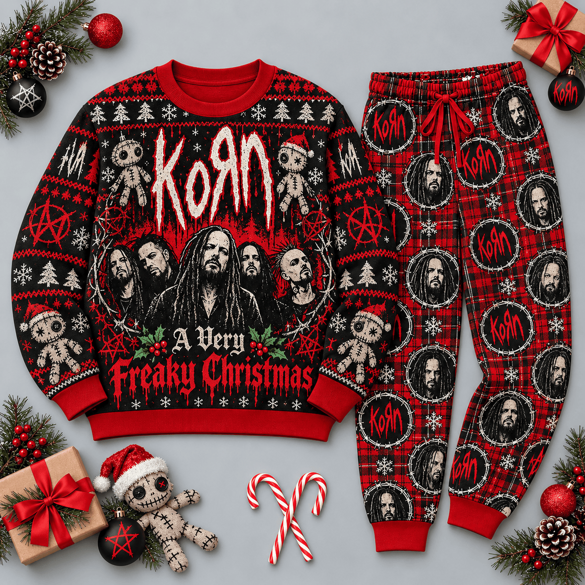 Korn Very Freaky Christmas Red Black Festive Graphic Sweater and Jogger Pants Set NDN Flat Set Mockup