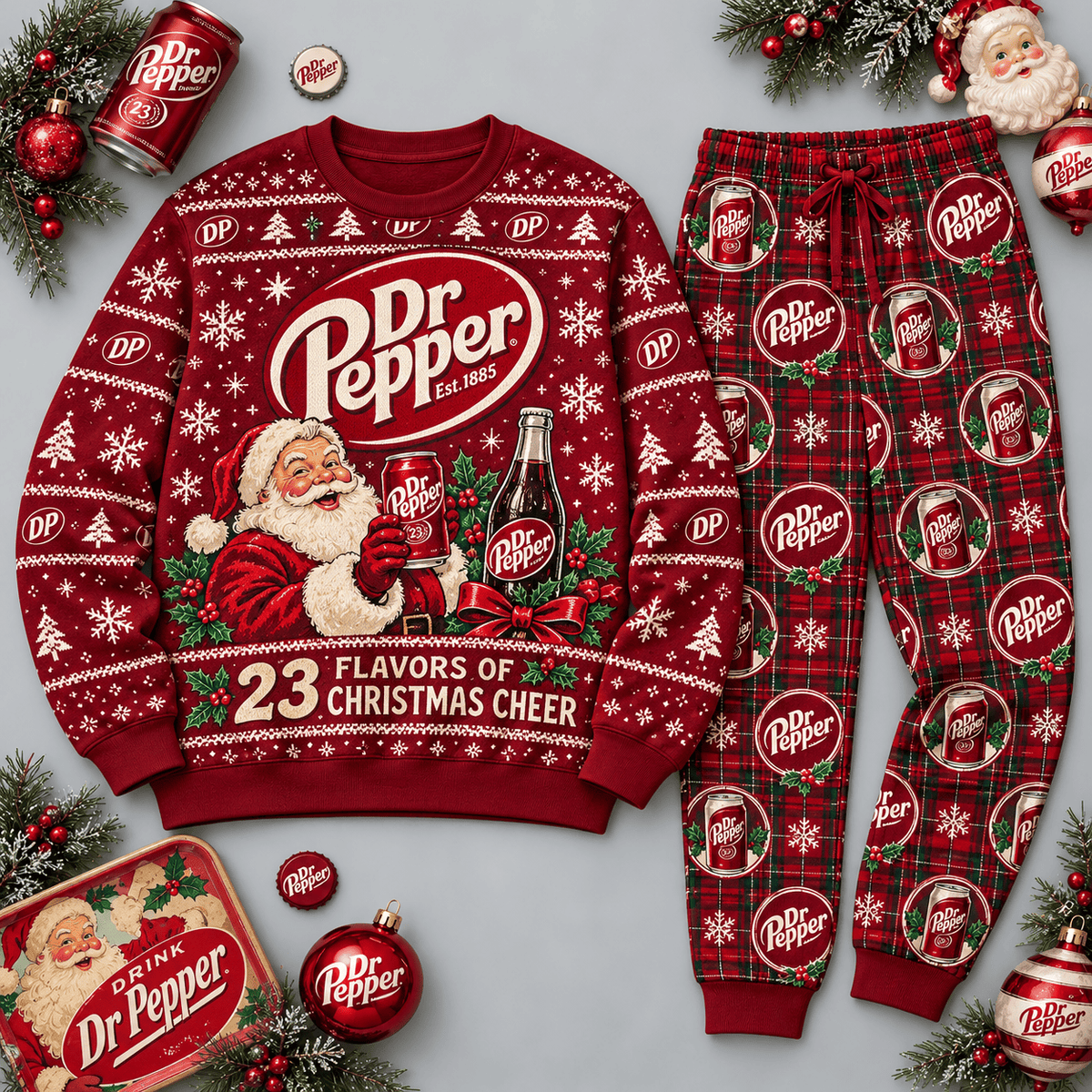 Dr Pepper 23 Flavors Christmas Burgundy Festive Graphic Sweater and Jogger Pants Set NDN Flat Set Mockup