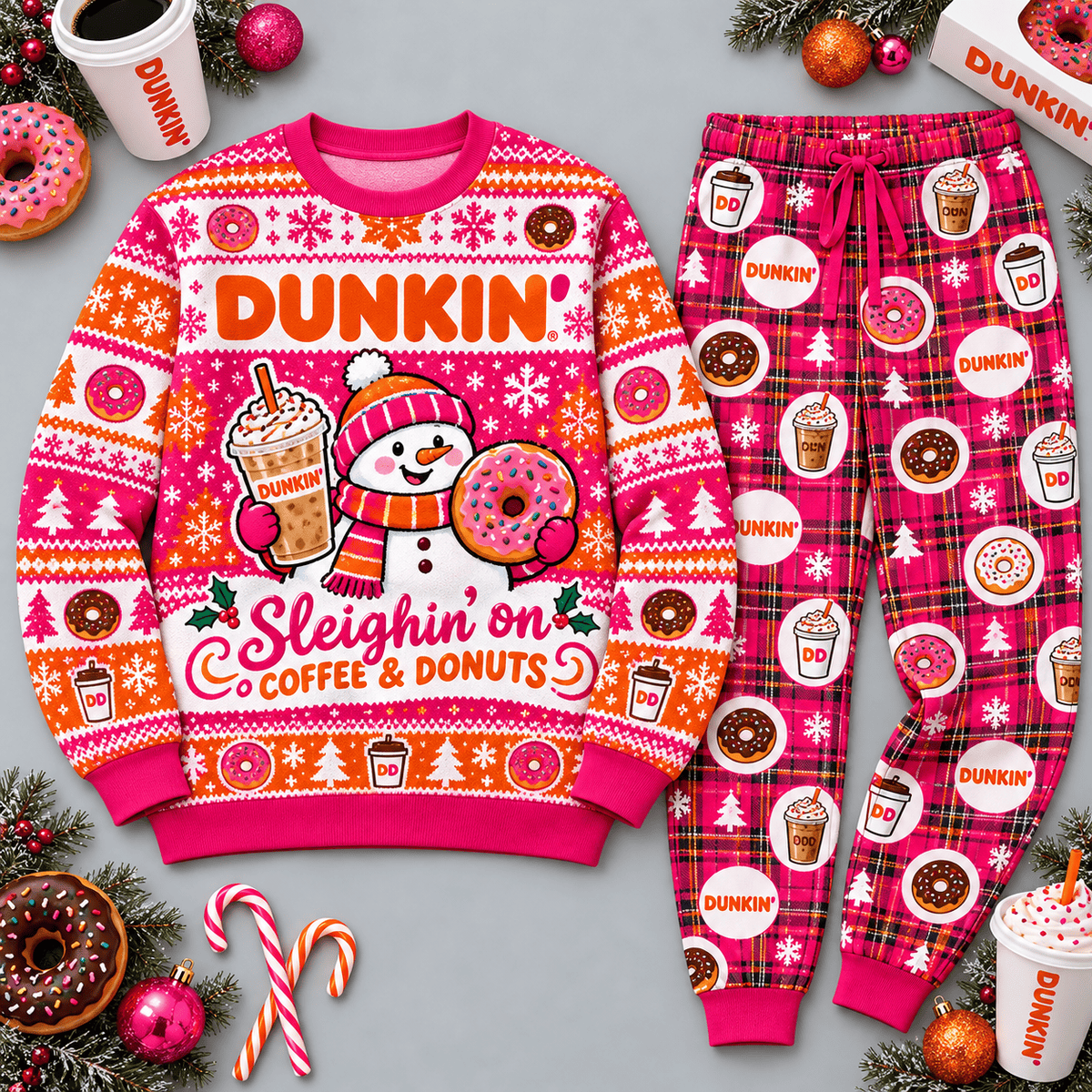 Dunkin' Coffee Donuts Christmas Pink Festive Graphic Sweater and Jogger Pants Set NDN Flat Set Mockup