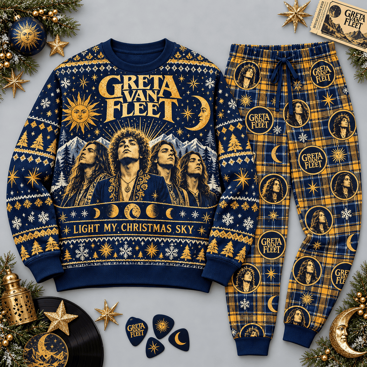 Greta Van Fleet Christmas Sky Navy Gold Festive Graphic Sweater and Jogger Pants Set NDN Flat Set Mockup