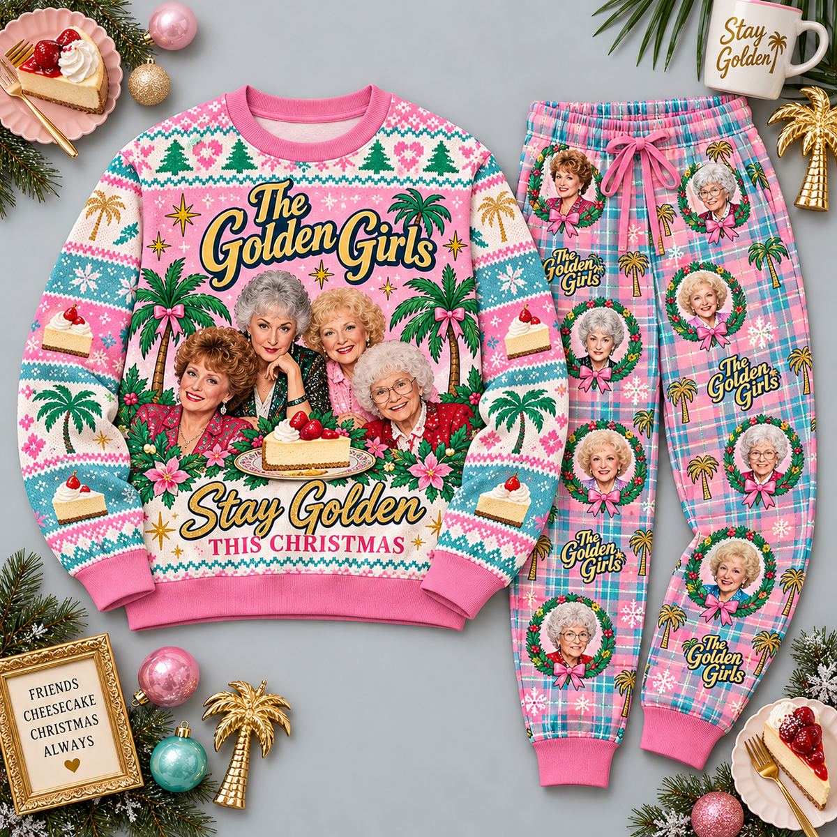 The Golden Girls Stay Golden Pink Festive Graphic Sweater and Jogger Pants Set NDN Flat Set Mockup