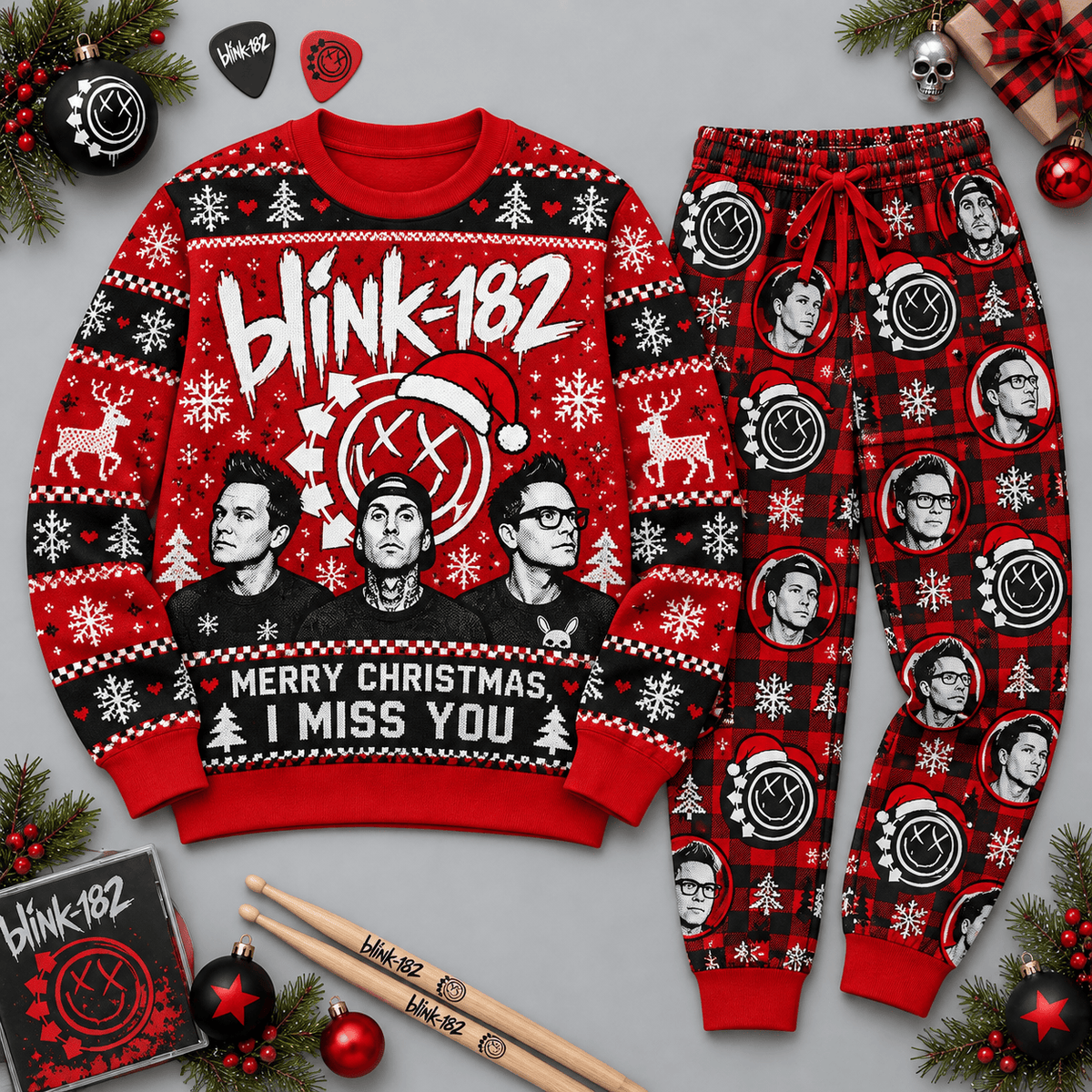 Blink-182 Merry Christmas Red Black Festive Graphic Sweater and Jogger Pants Set NDN Flat Set Mockup