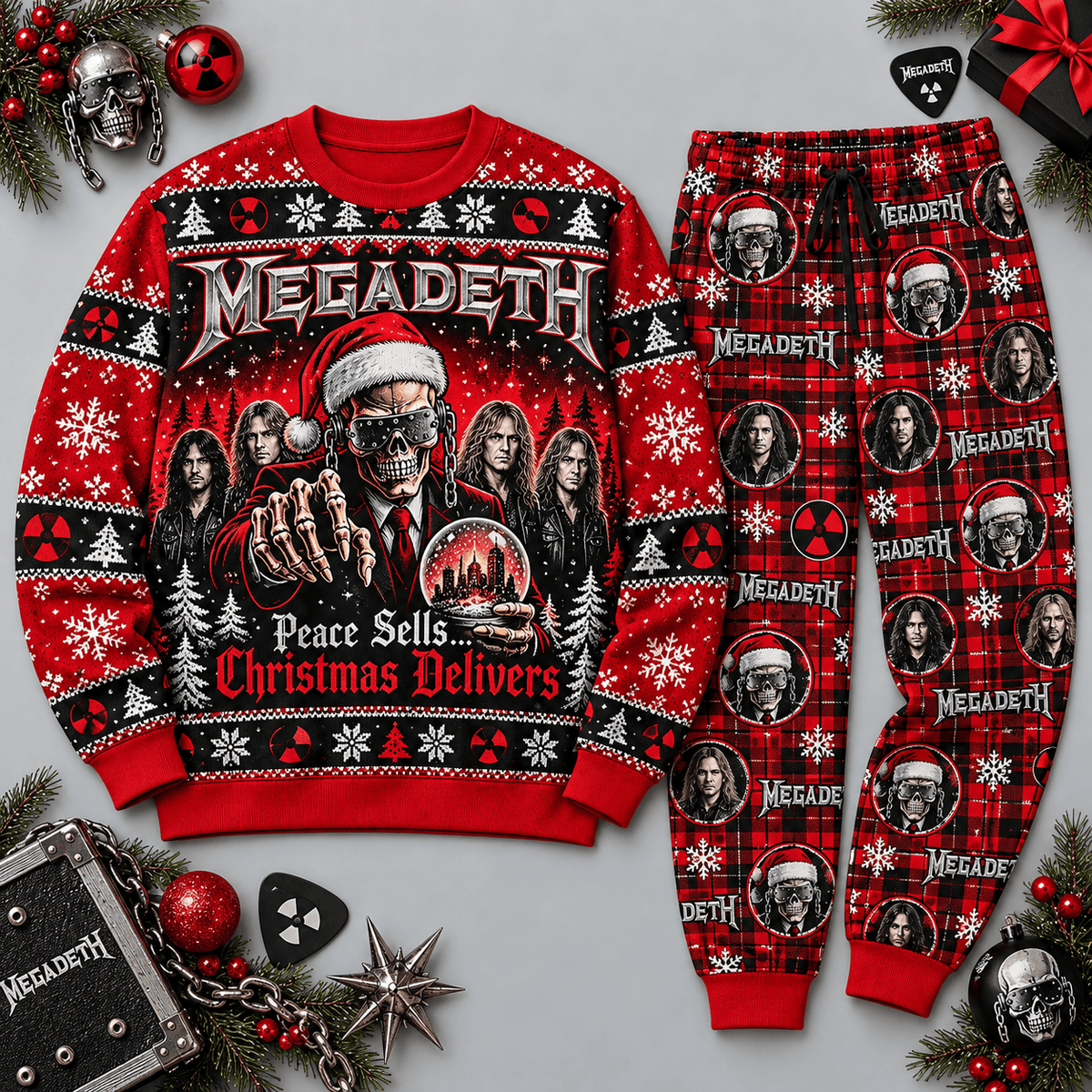 Megadeth Christmas Skeleton Red Black Festive Graphic Sweater and Jogger Pants Set NDN Flat Set Mockup