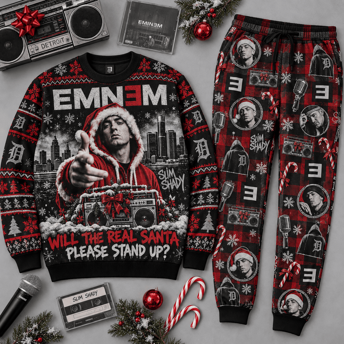 Eminem Will the Real Santa Please Stand Up Red Black Sweater and Jogger Pants Set NDN Flat Set Mockup