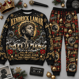 Kendrick Lamar All the Stars Align This Christmas Sweater and Jogger Pants Set NDN Flat Set Mockup