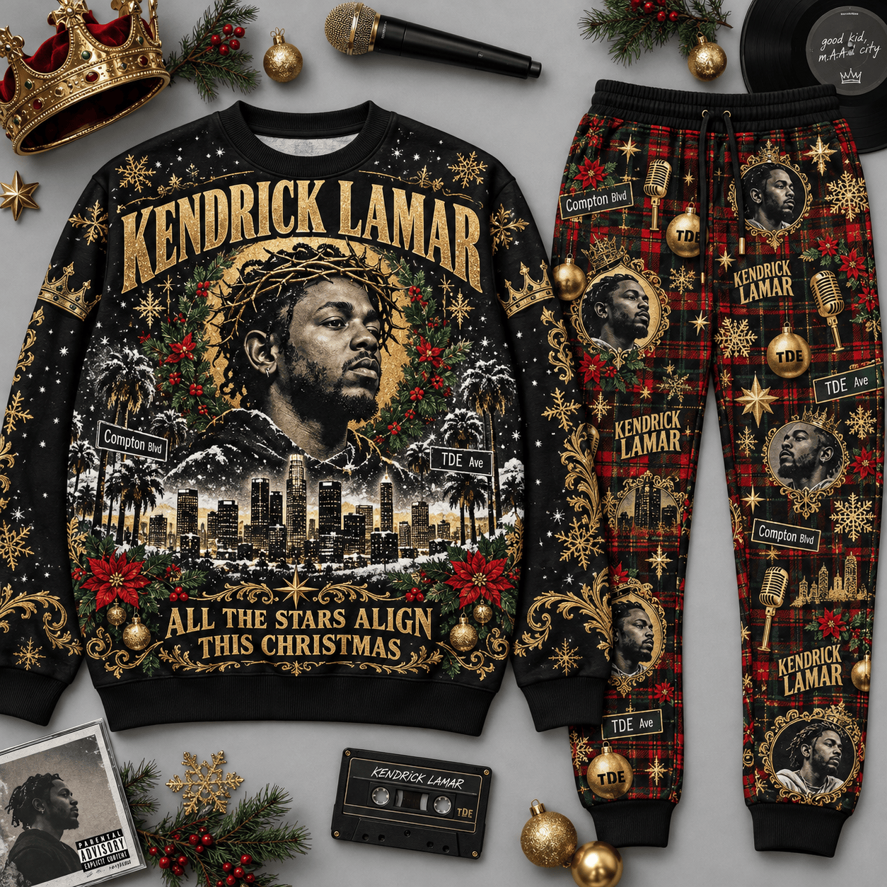 Kendrick Lamar All the Stars Align This Christmas Sweater and Jogger Pants Set NDN Flat Set Mockup