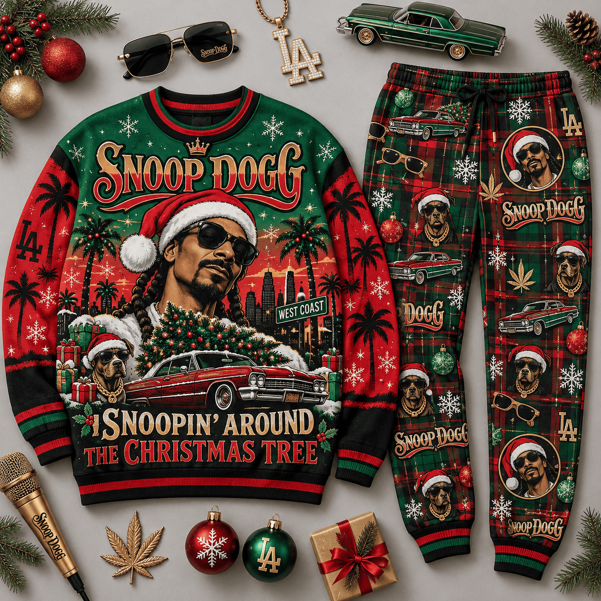 Lady Gaga Slay Bells Ring Pink Monster Christmas Sweater and Jogger Pants Set NDN Flat Set Mockup