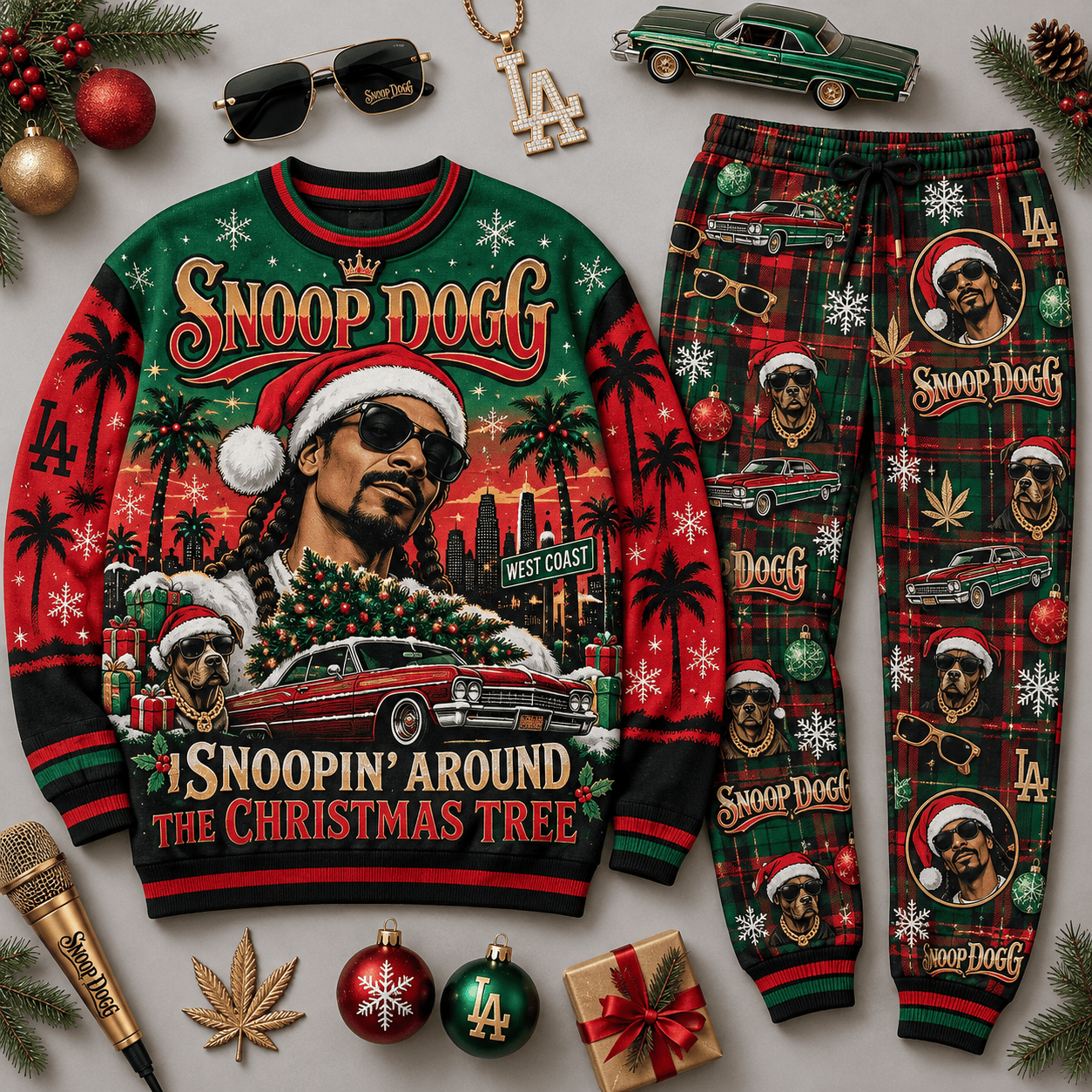 Lady Gaga Slay Bells Ring Pink Monster Christmas Sweater and Jogger Pants Set NDN Flat Set Mockup