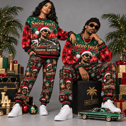 Lady Gaga Slay Bells Ring Pink Monster Christmas Sweater and Jogger Pants Set NDN Worn Set Mockup