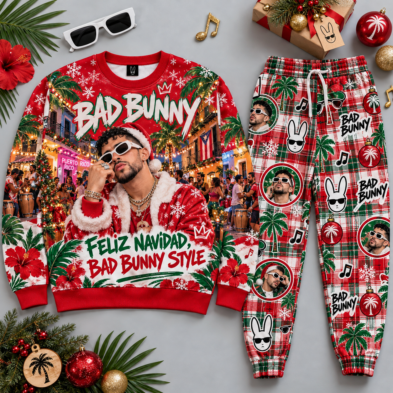 Nirvana Come As You Are Even If It's Christmas Red Sweater and Jogger Pants Set NDN Flat Set Mockup