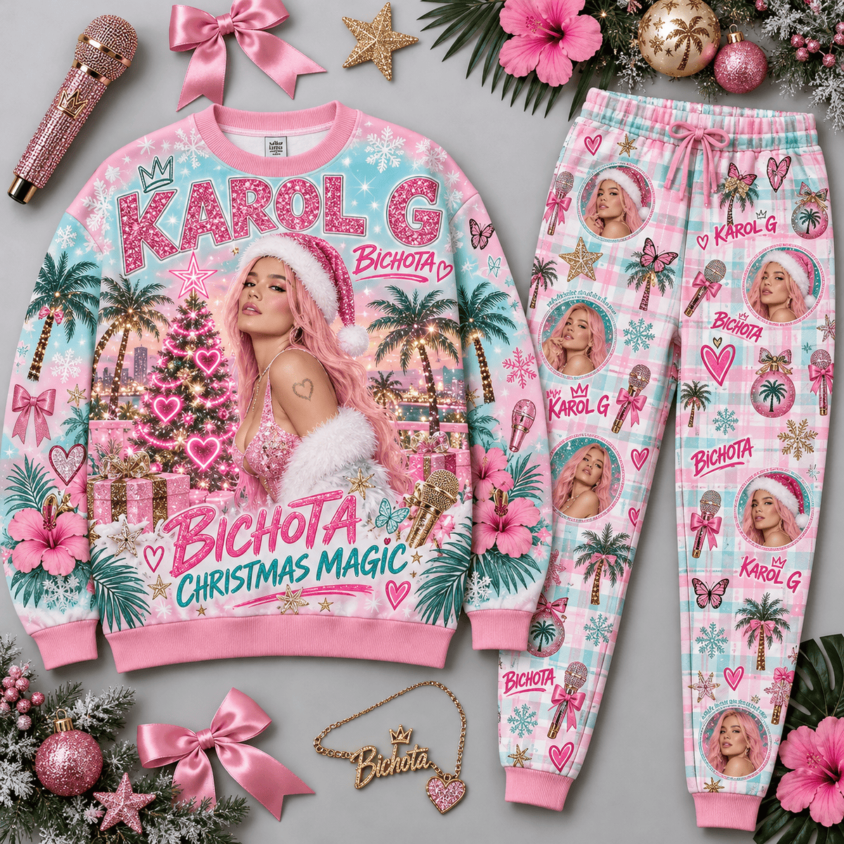 Queen Let It Rock Let It Snow Festive Pink Portrait Sweater and Jogger Pants Set NDN Flat Set Mockup