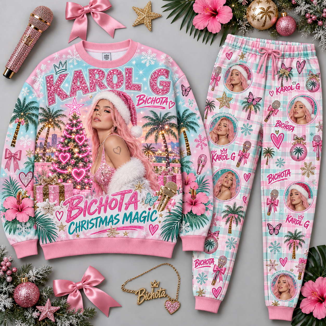 Queen Let It Rock Let It Snow Festive Pink Portrait Sweater and Jogger Pants Set NDN Flat Set Mockup