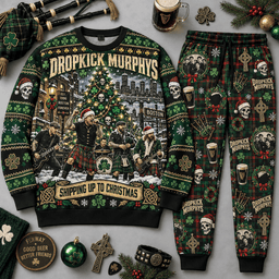 Dropkick Murphys Shipping Up To Christmas Green Sweater and Jogger Pants Set NDN Flat Set Mockup